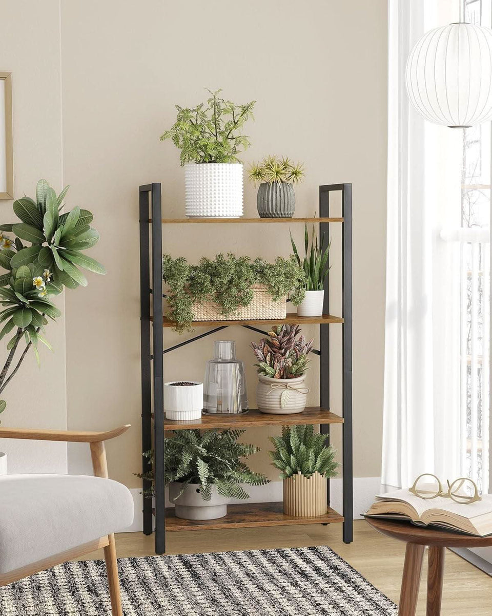 Four Tier Bookshelf Rustic Brown Steel Frame 47 Inches High