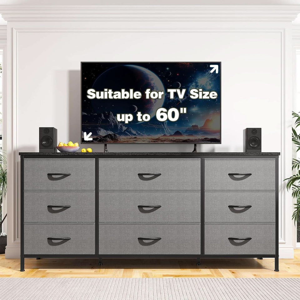 Grey TV Console With 9 Drawers For Living Room Entertainment Center