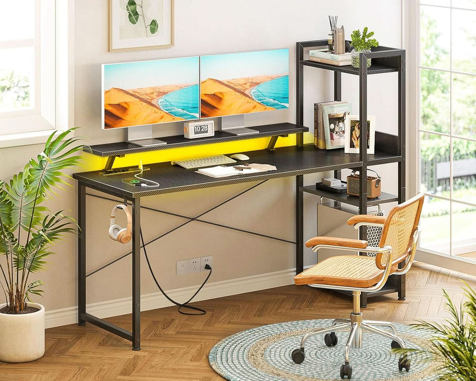 55 Inch Reversible Gaming Desk USB Charging LED Lights