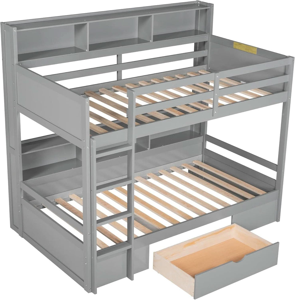Grey Wood Twin Over Twin Bunk Bed With Storage Shelves And Drawer
