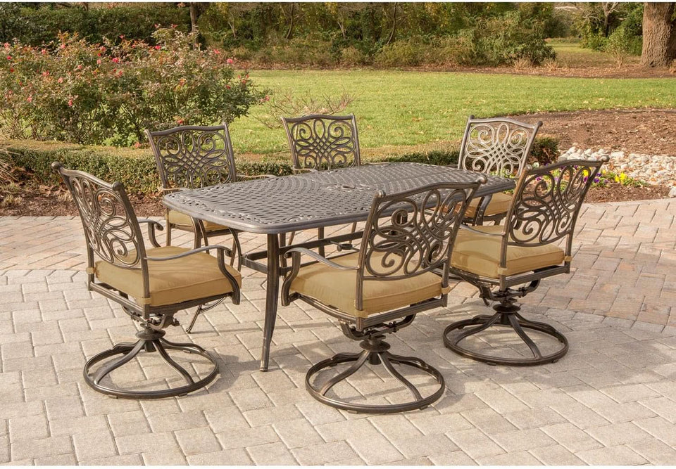 7 Piece Patio Dining Set 6 Swivel Chairs Tan Cushions 38x72