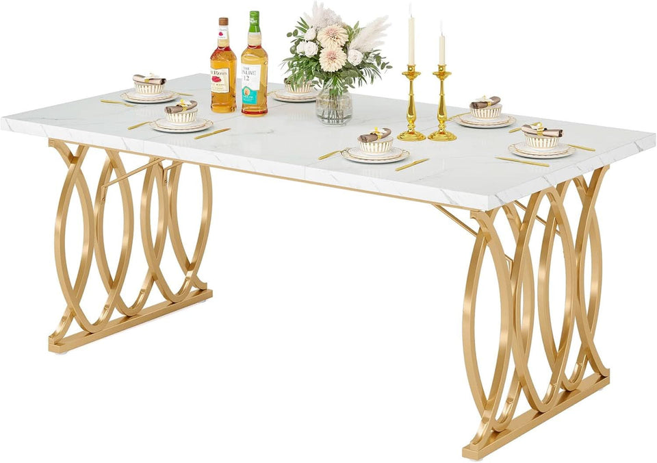 63 Inch Dining Table With Faux Marble Top For Kitchen And Dining Room
