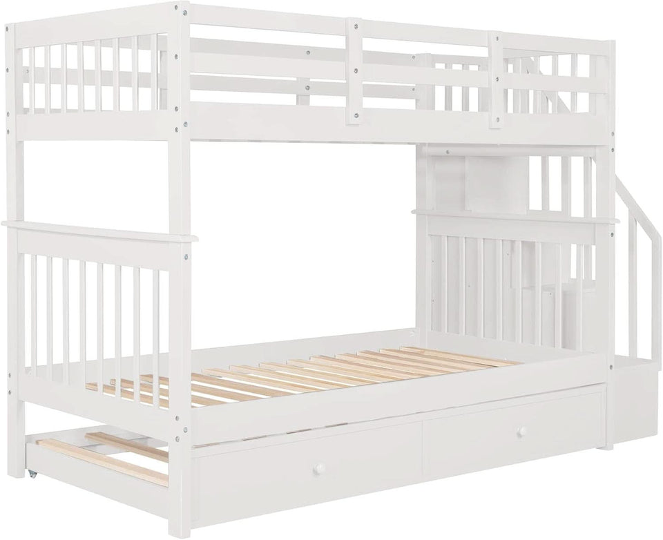 Twin Over Twin Bunk Bed With Stairs And Trundle White