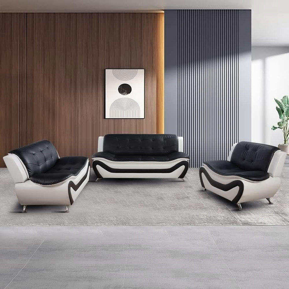 Living Room Faux Leather Sofa Set 3 Piece Black White
