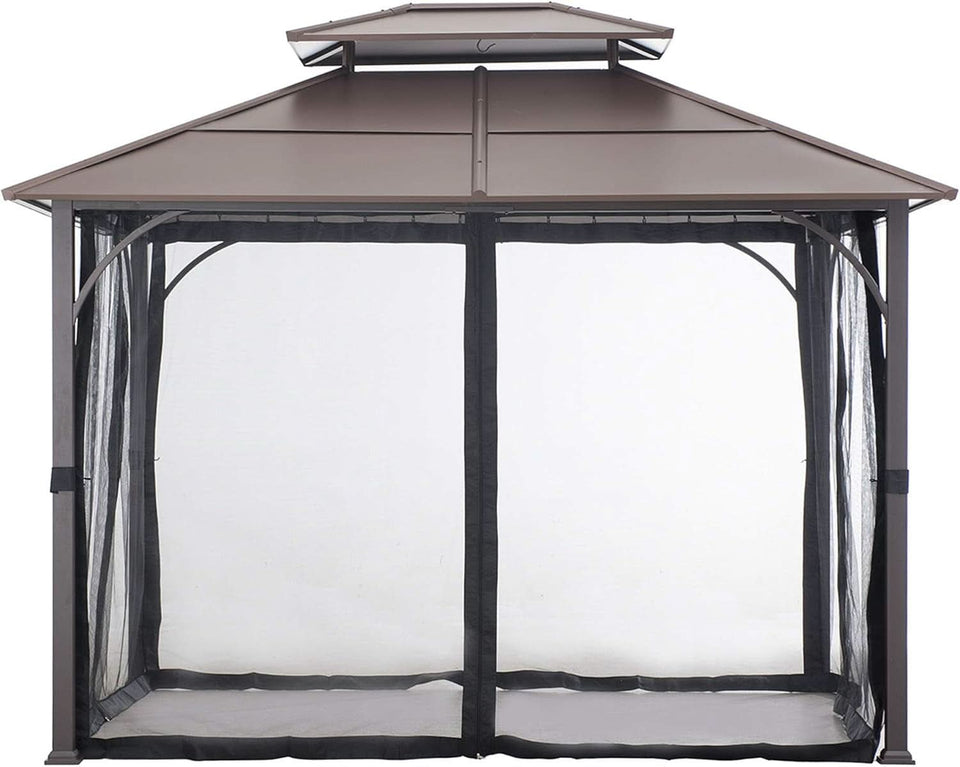 10x12 Brown Hardtop Gazebo With Steel Frame And Netting For Outdoor Patio Garden Canopy Shelter