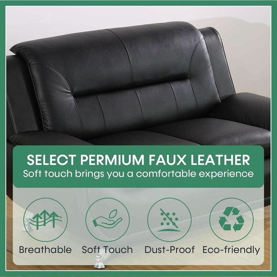 Leather Sofa Set 3 Piece Black Living Room Furniture