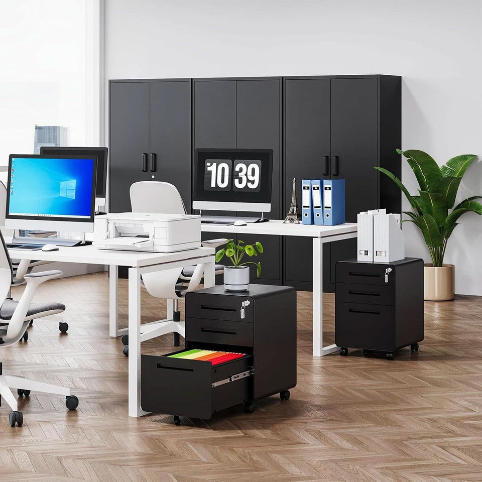 Mobile 3 Drawer Filing Cabinet With Lock Black Rolling
