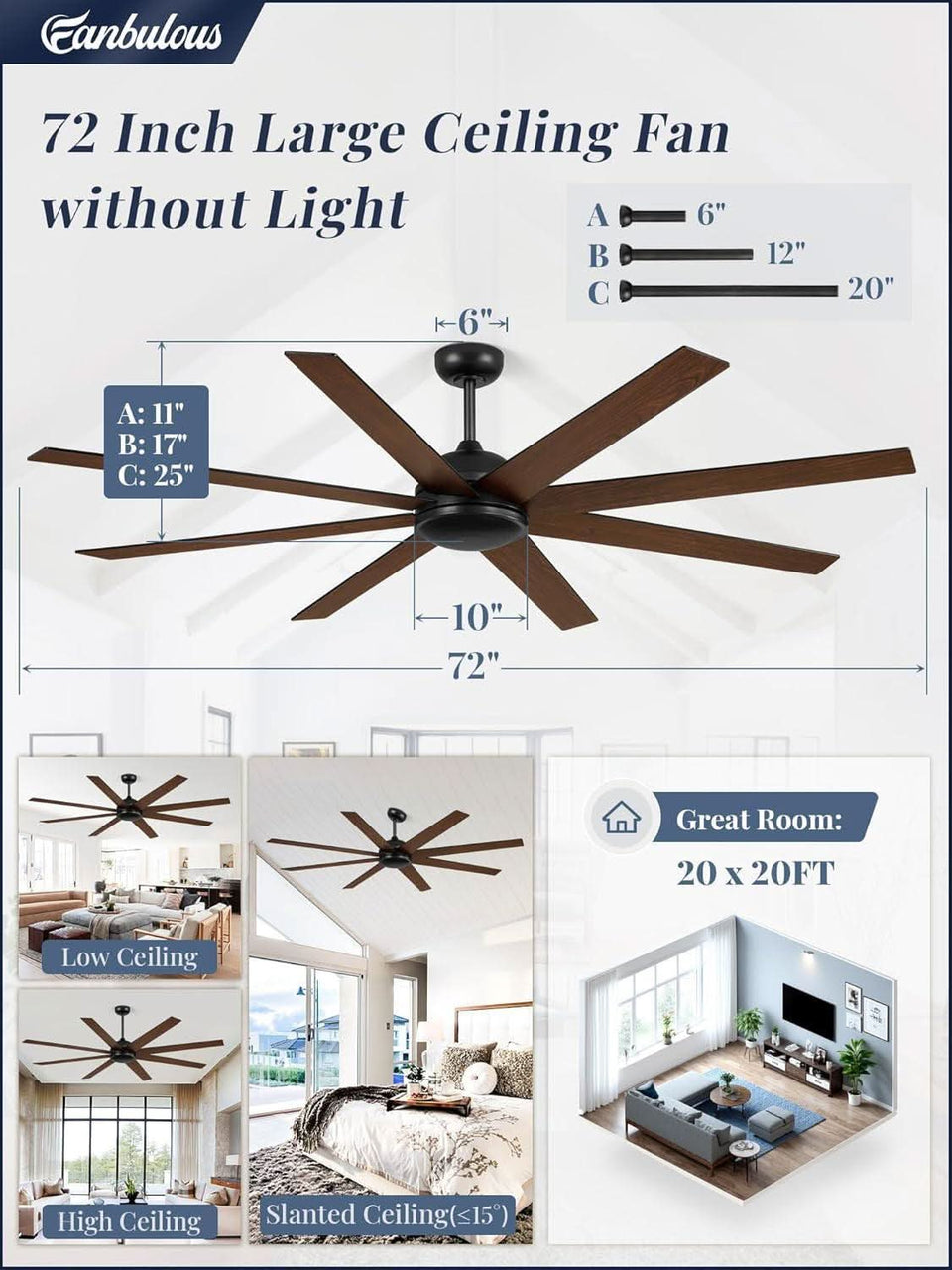 72 Inch Black Ceiling Fan With Remote DC Motor For Indoor Outdoor