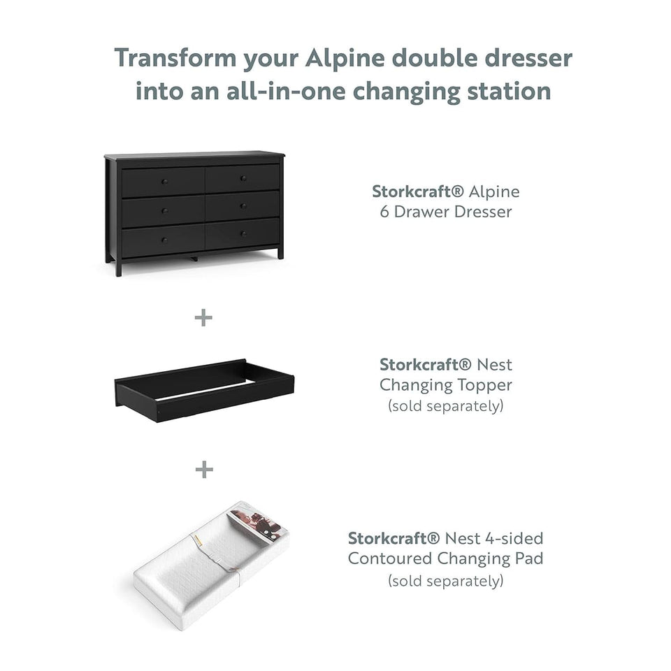 Alpine 6 Drawer Dresser Black GREENGUARD Gold Certified Nursery Furniture