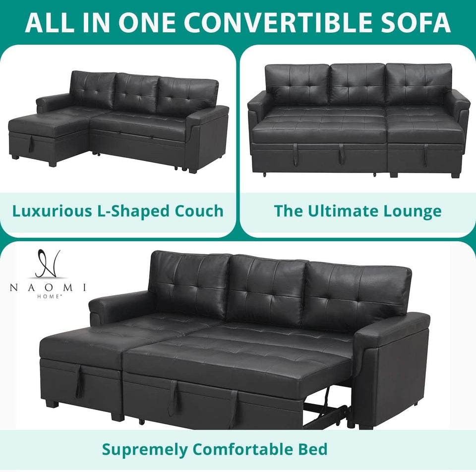 Jenny Sectional Sleeper Sofa With Storage Chaise In Black Air Leather
