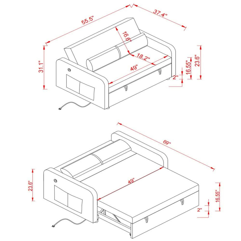 Black Convertible Loveseat With Pull Out Bed For Small Spaces