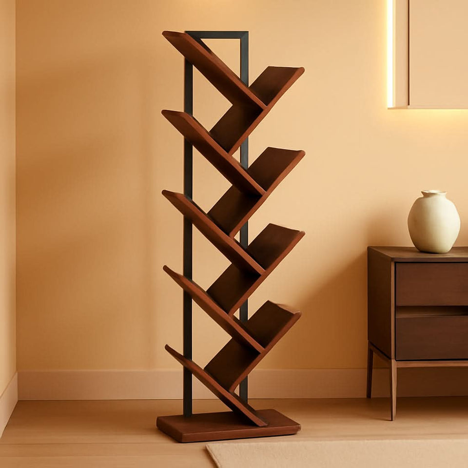 Tree Bookshelf 9 Tier Rustic Brown Living Room Bookcase