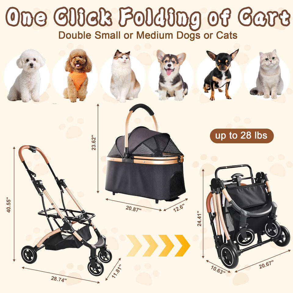 2-in-1 Foldable Pet Stroller with Detachable Carrier and Sun Canopy - Gray