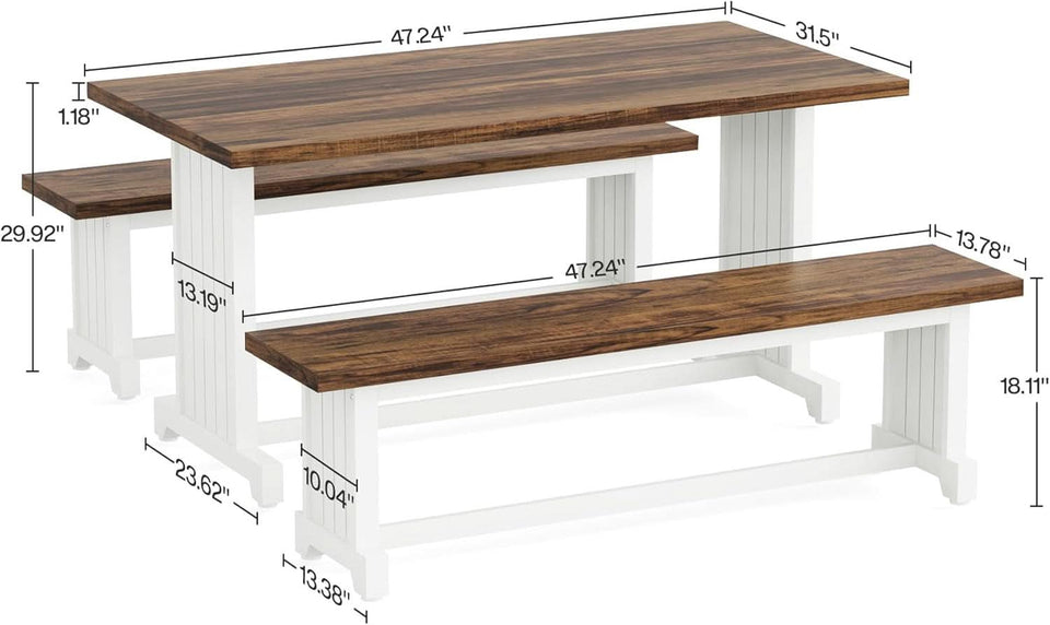 47 Inch Dining Table Set For 4 With 2 Benches Farmhouse White And Rustic Brown