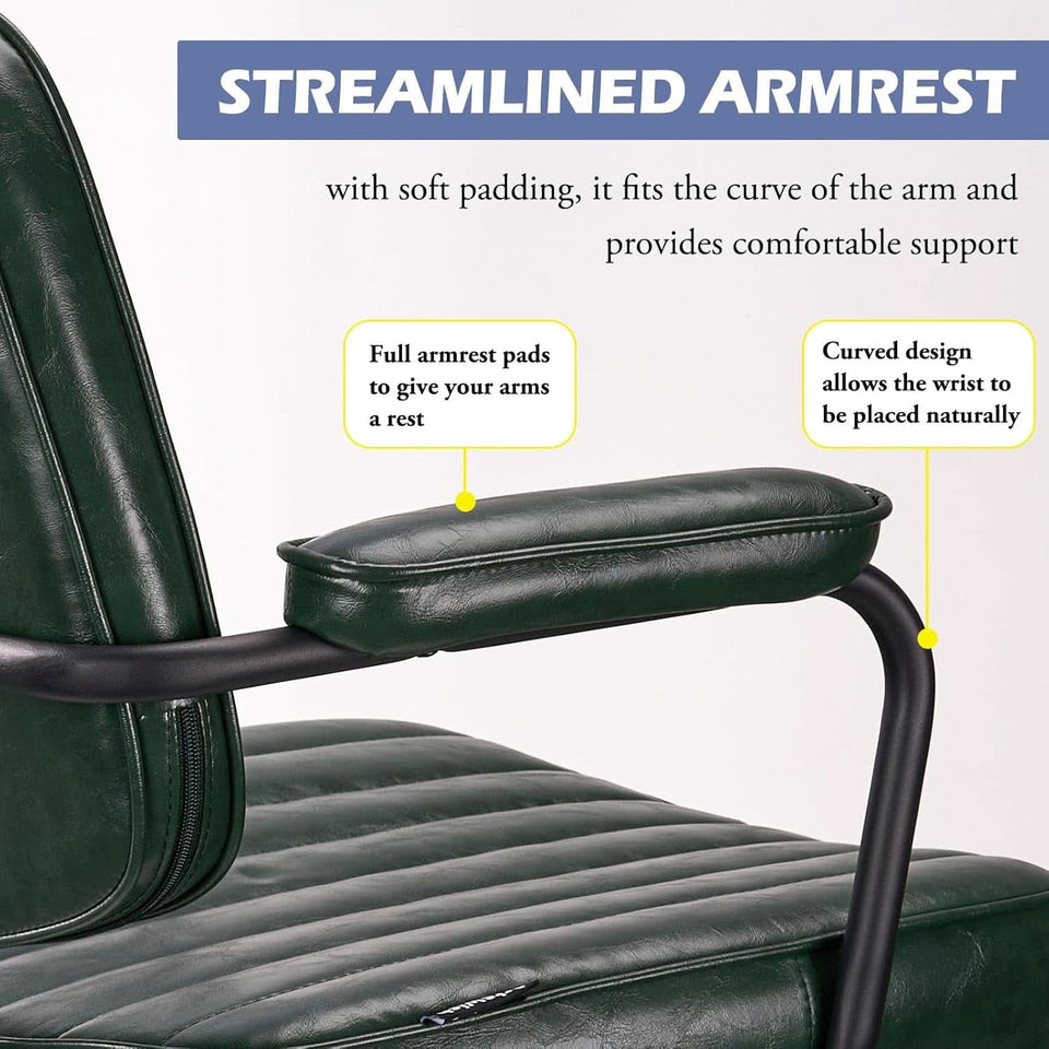 Green Leather Mid Century Office Chair With Wheels And Arms