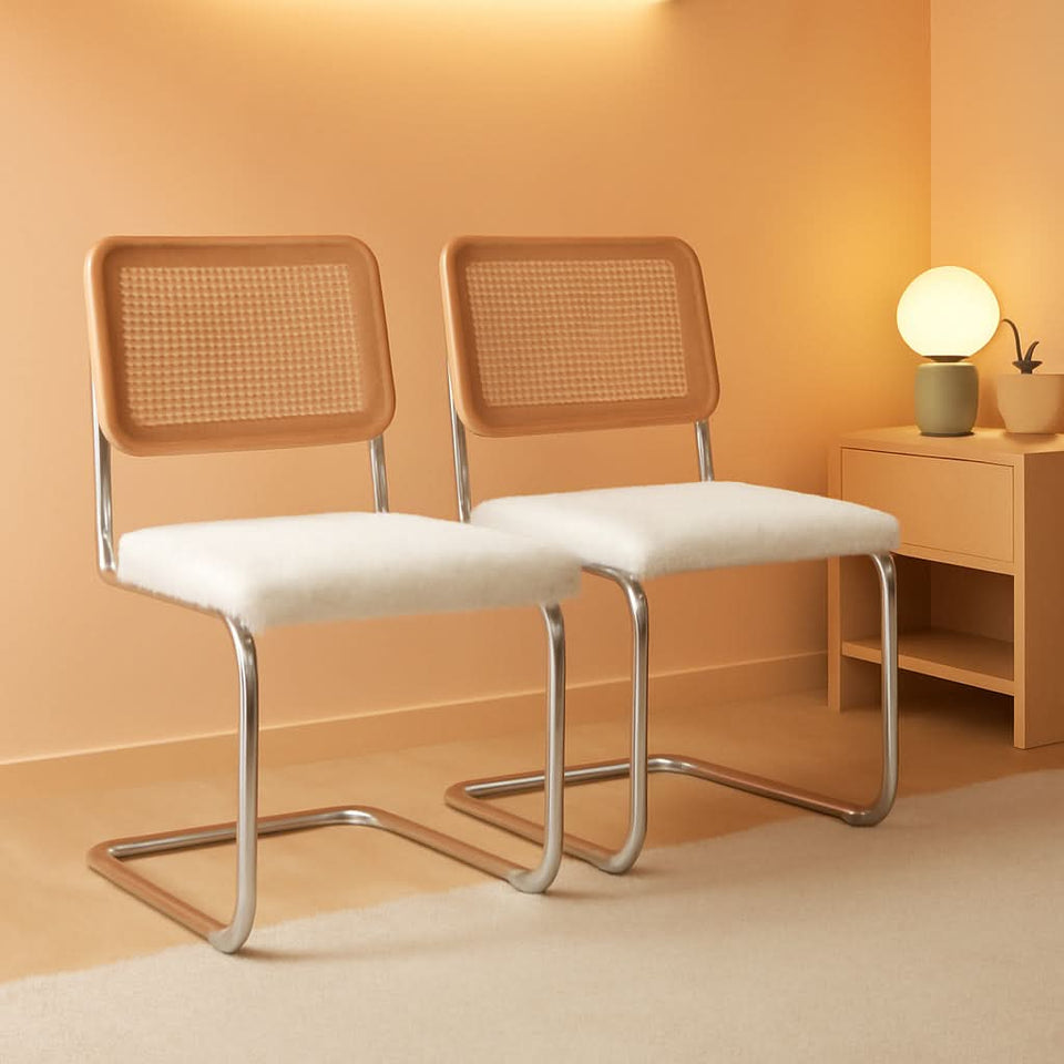 Modern Cesca Cane Dining Chairs With White Boucle Seat