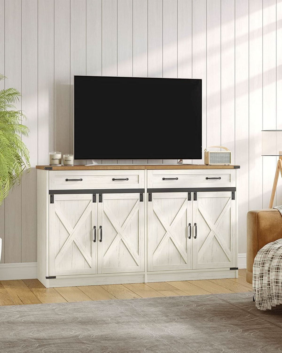 White Brown Farmhouse Buffet Cabinet Adjustable Shelves