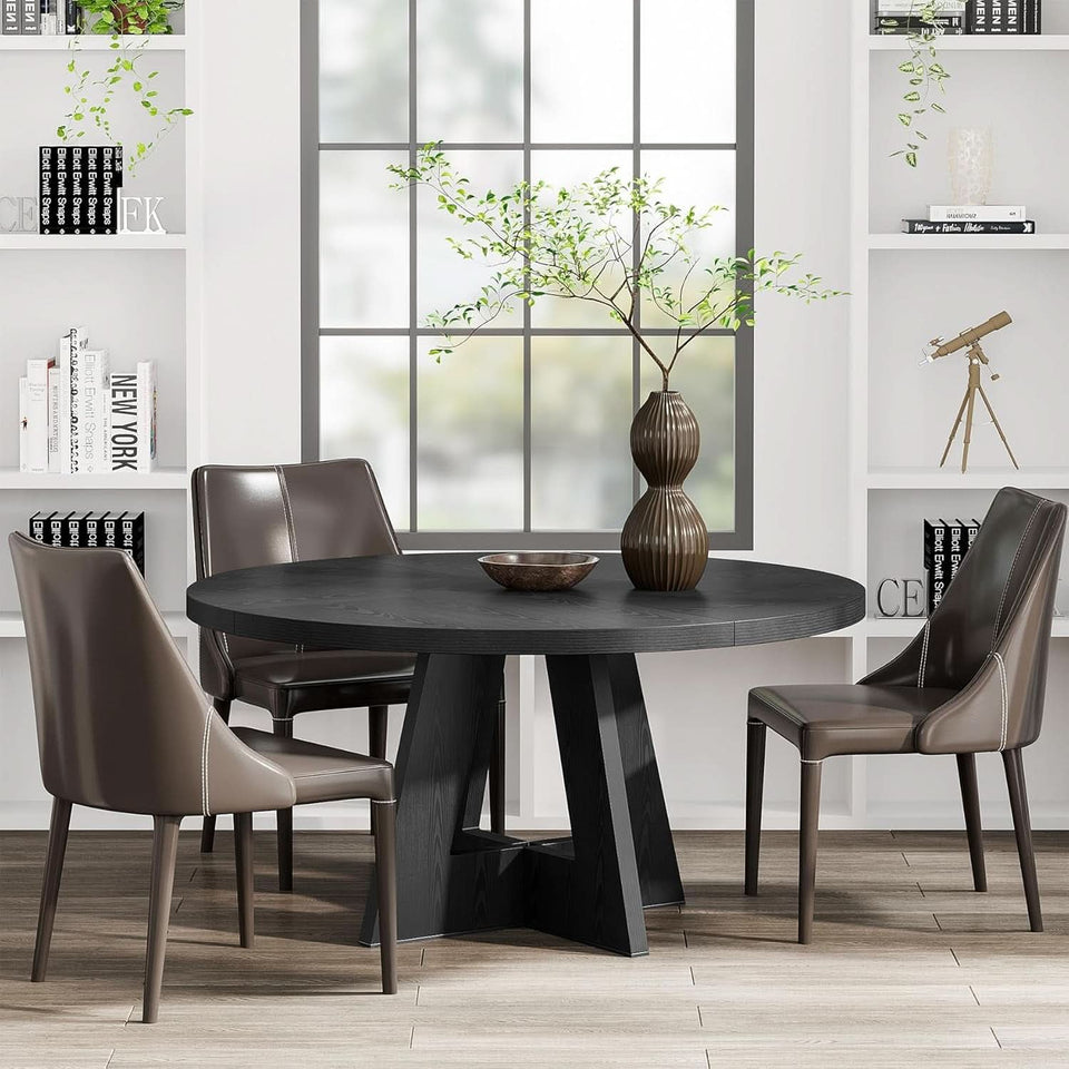 Round Wood Dining Table Farmhouse 47 Inch For Dining Room With Cross Base Black