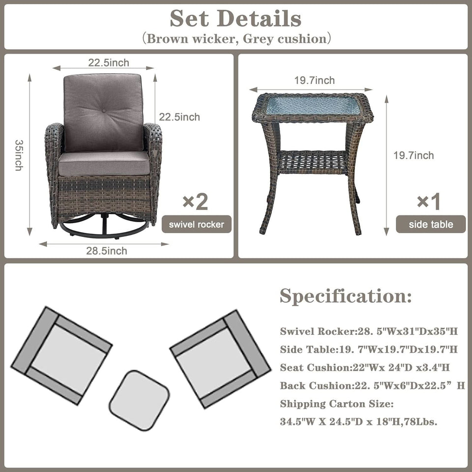 Brown Wicker Swivel Patio Set 2 Chairs Glass Table