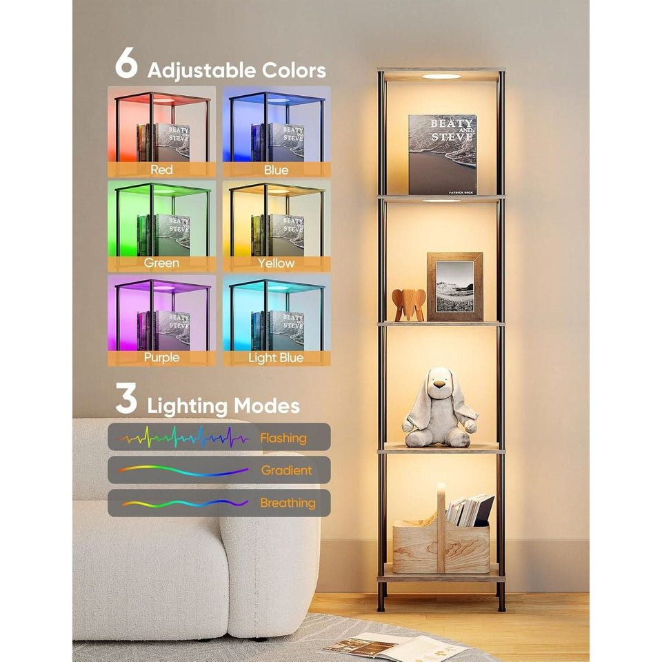 Display Shelf Floor Lamp With RGBW Light Gray Five Tier