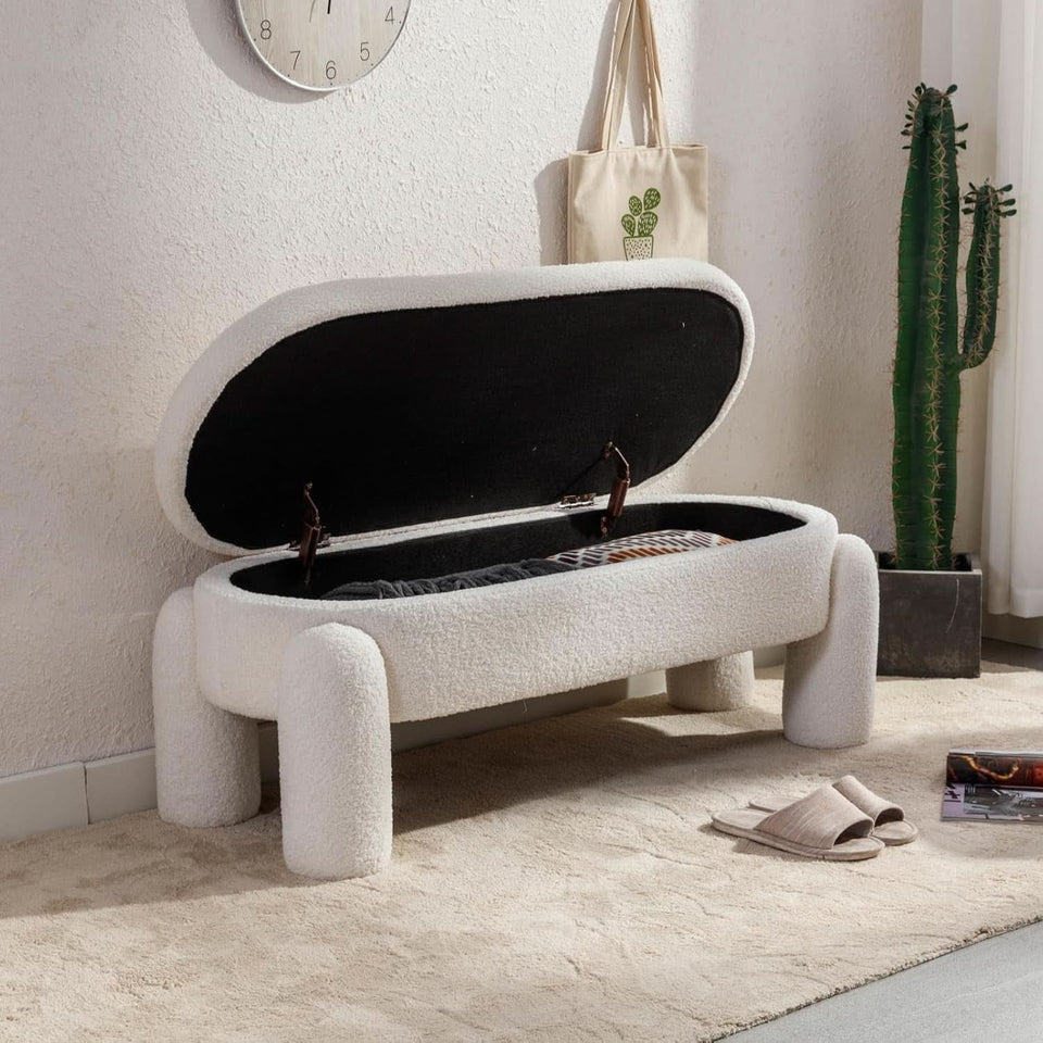 44.7-Inch White Boucle Upholstered Storage Ottoman Bench