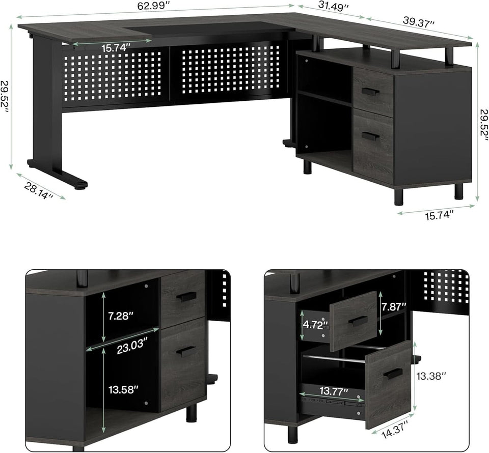 63 Inch Executive Desk With Integrated Cabinet Gray