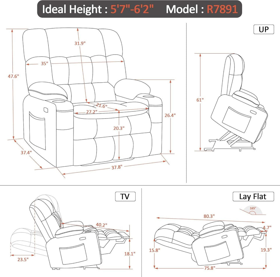 Dark Grey Wide Power Lift Recliner With Massage And USB