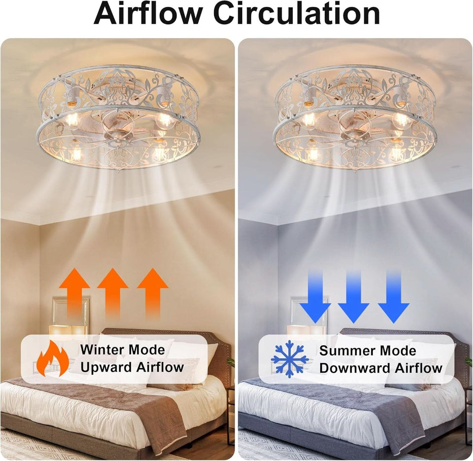 20 Inch Caged Ceiling Fan With Light White Gold Remote