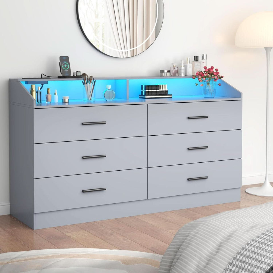 Grey Six Drawer Dresser With Power Outlet And USB Ports
