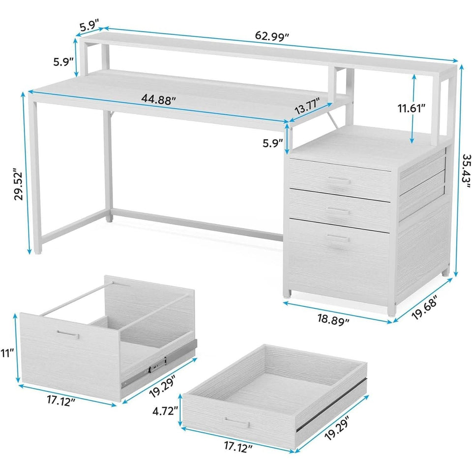 White Computer Desk With File Cabinet And Monitor Stand
