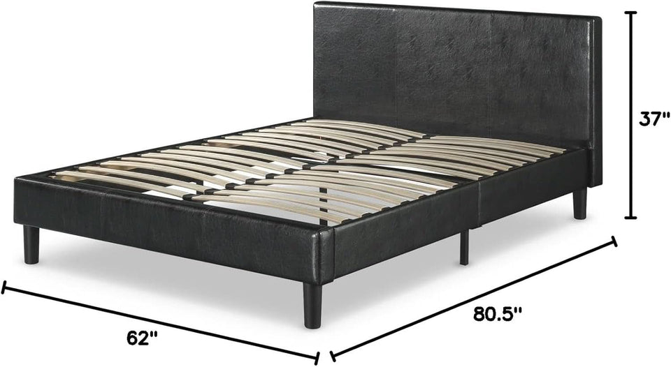 Queen Faux Leather Platform Bed Frame With Wood Slats