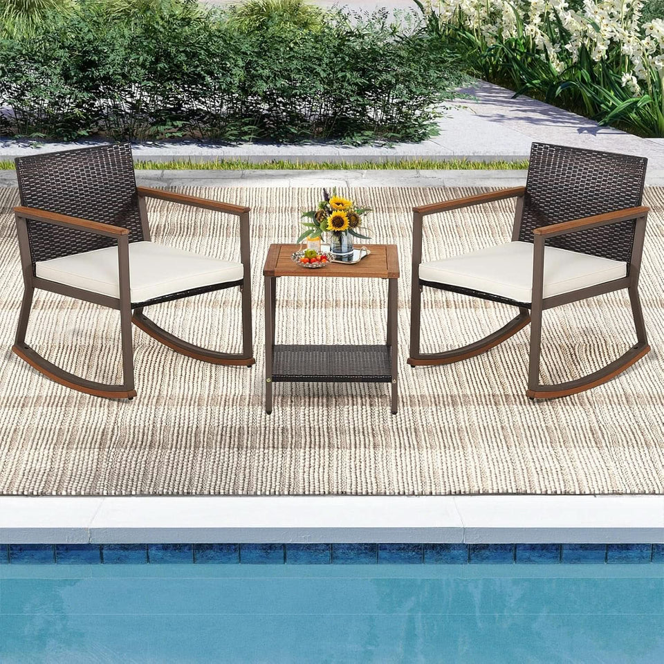 Three Piece Rocking Bistro Set With Cushions And Coffee Table For Outdoor Rattan Patio Off White