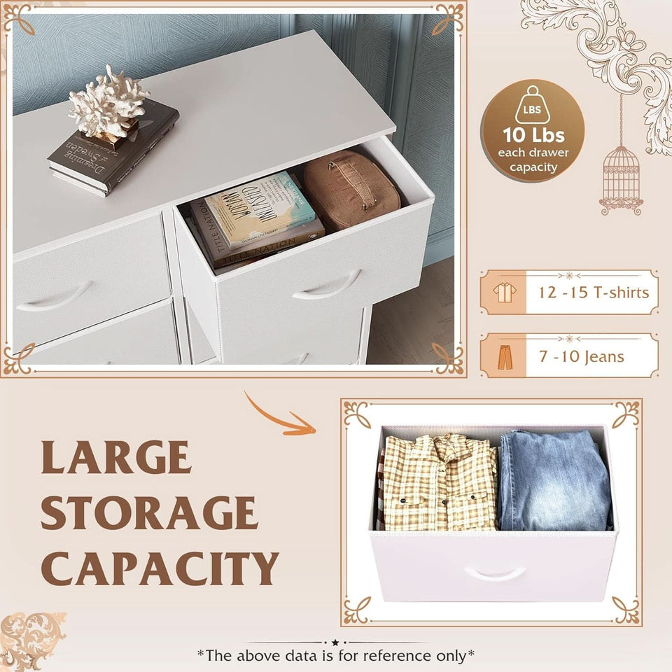 White Fabric Dresser With 6 Drawers And Fabric Bins