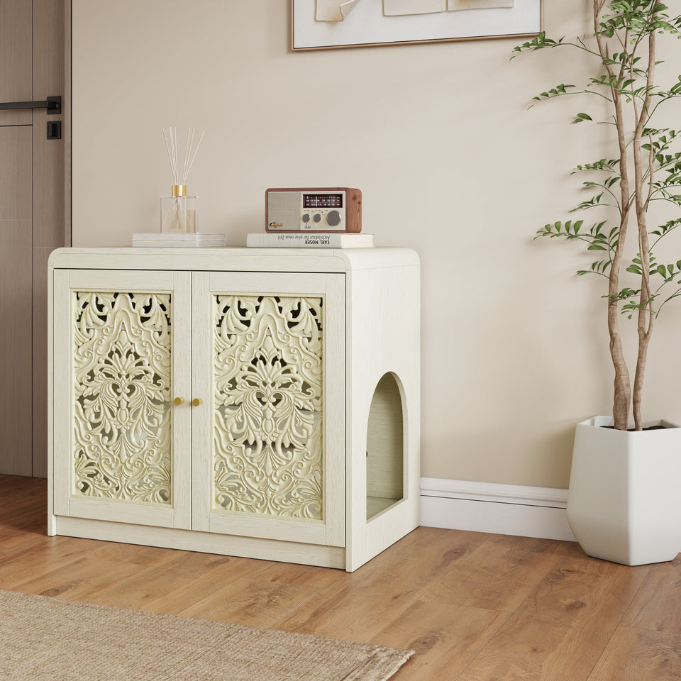 Antique White Pet Litter Box Cabinet with Ventilation - Engineered Wood