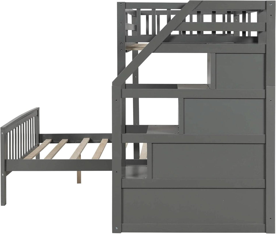 Gray Twin Over Full Bunk Bed With Storage Stairs Solid Wood