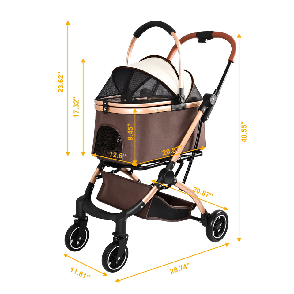 2-in-1 Foldable Pet Stroller with Sun Canopy - Khaki & Gold