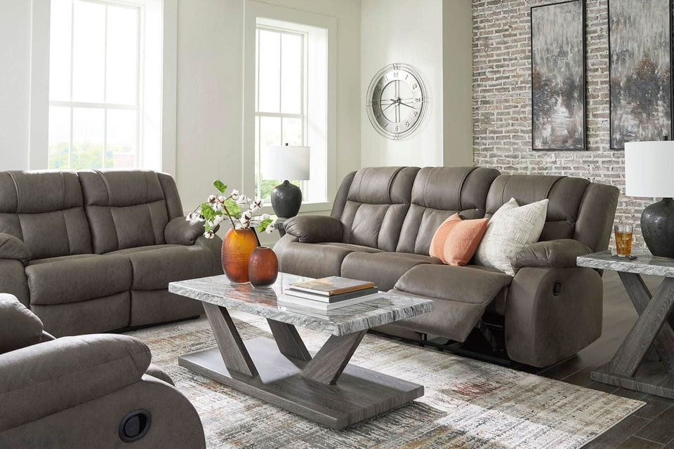 Contemporary Gray Faux Leather Manual Reclining Sofa