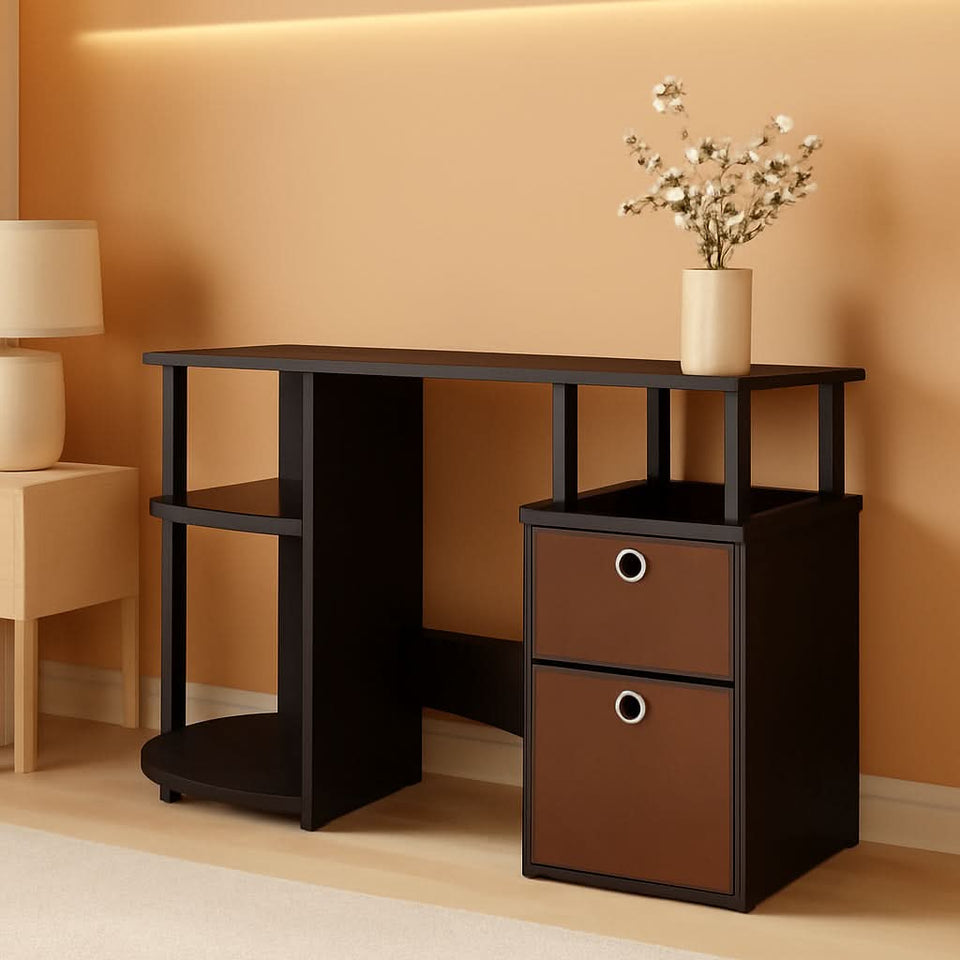 Jaya Brown Computer Study Desk With Storage Bins And Shelf