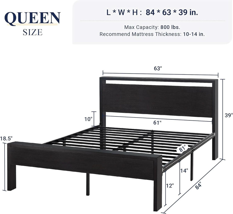 Queen Platform Bed Frame With Wooden Headboard And Footboard Black Oak