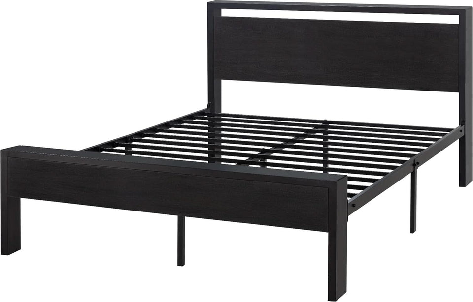 Sturdy Metal Platform Bed Frame With Wooden Headboard 800Lb