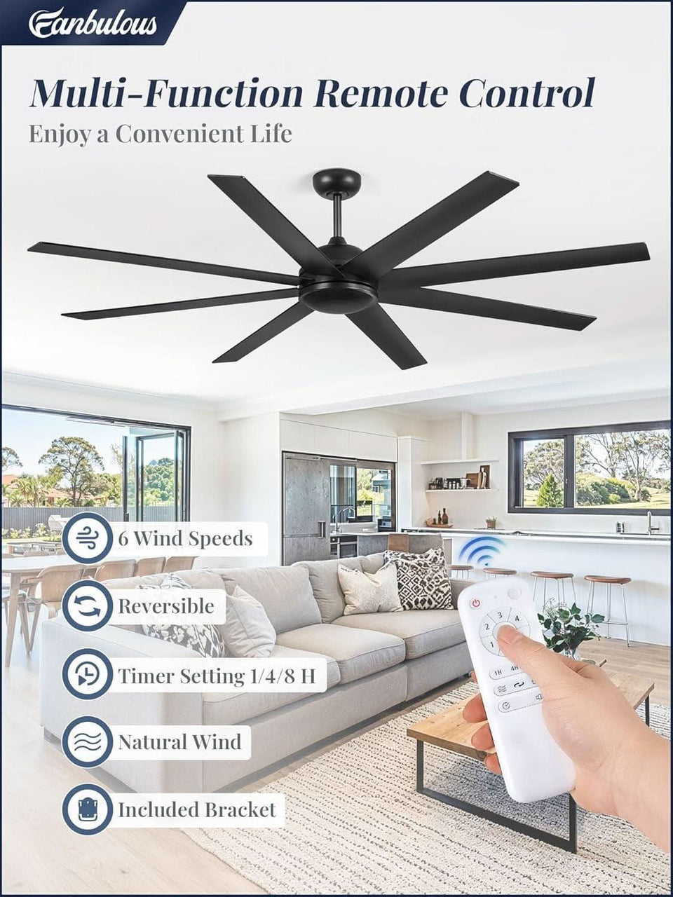 72 Inch Black Ceiling Fan With Remote DC Motor For Indoor Outdoor