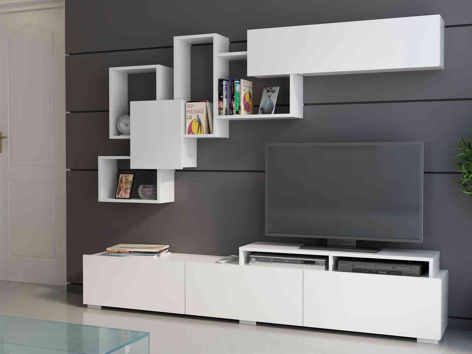 Amor TV Stand Entertainment Center  with Wall Shelf and Cubbies for up to 85'' TVs