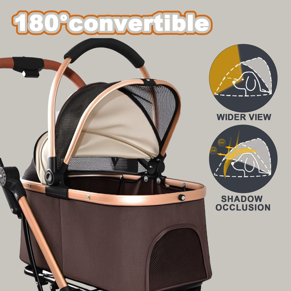 2-in-1 Foldable Pet Stroller with Sun Canopy - Khaki & Gold