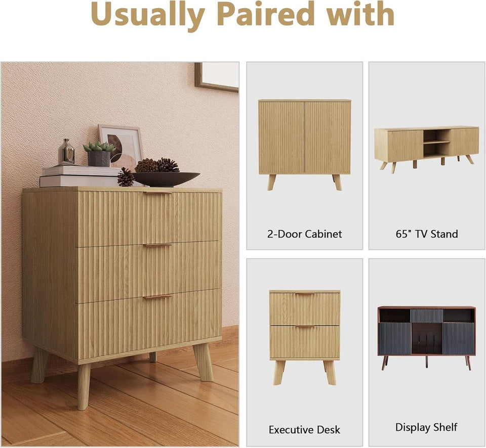 Fluted 3 Drawer Dresser Natural Wood Storage Chest