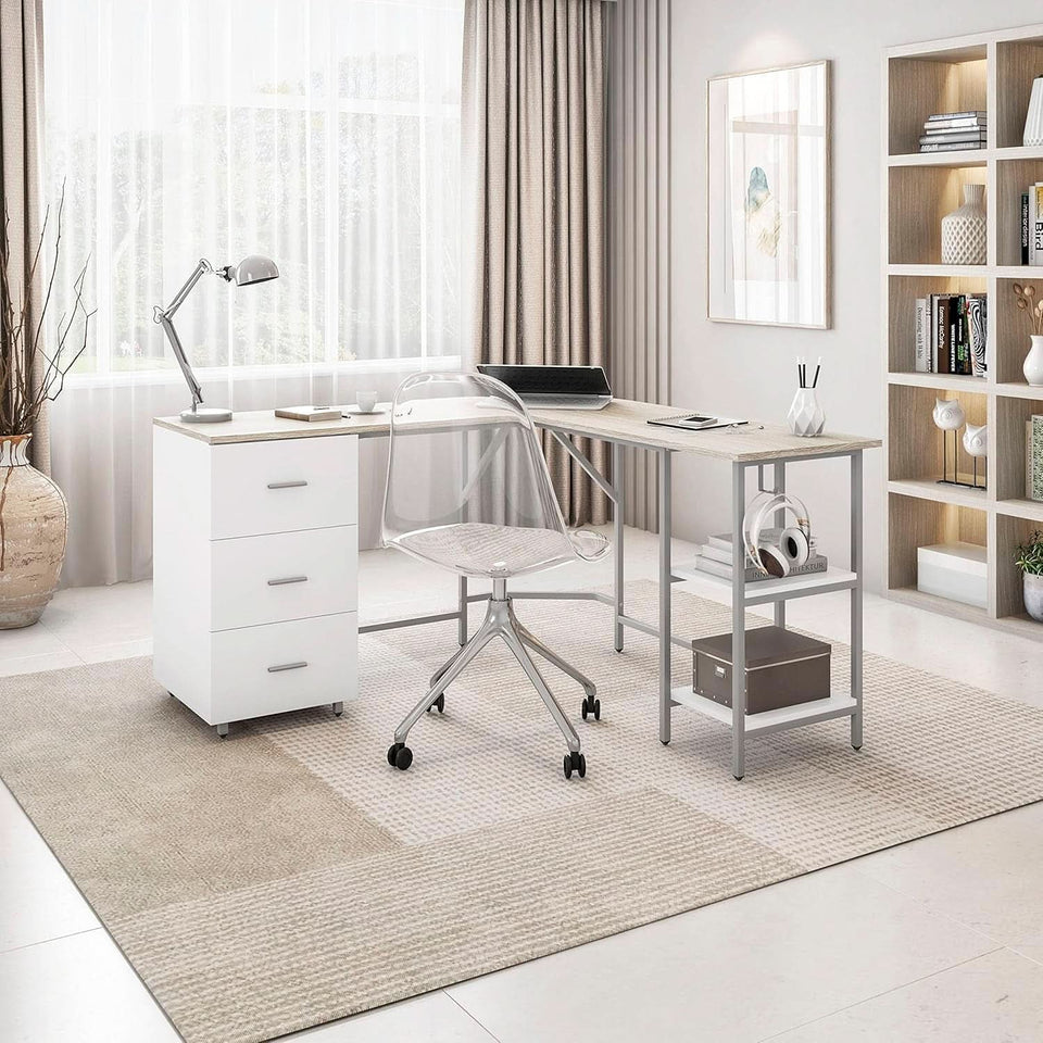 L Shaped Desk Two Toned With Drawers And Open Shelf Home Office