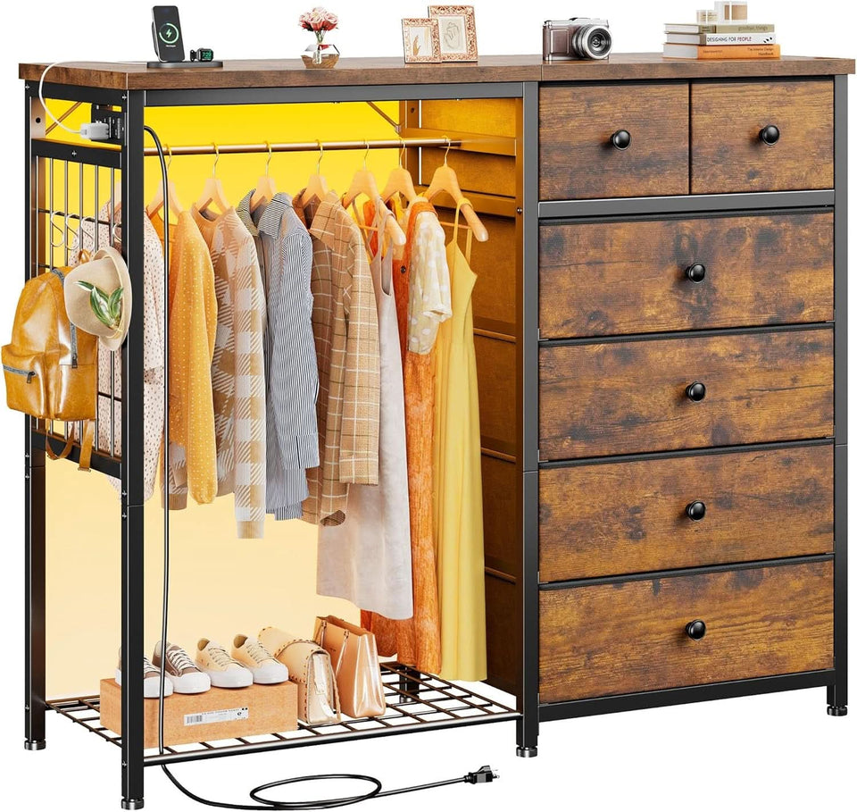 49 Inch Rustic Brown Dresser With Clothes Rack LED Lights
