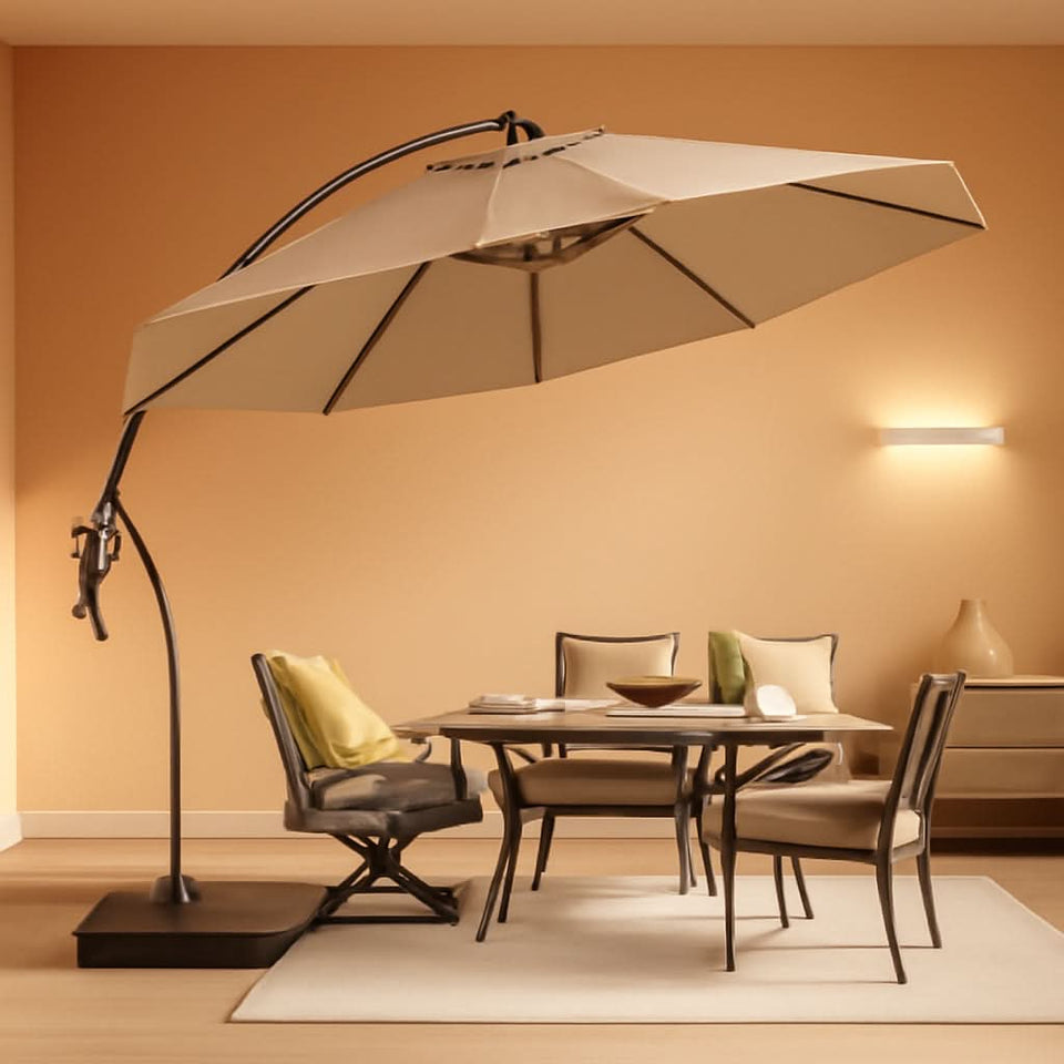 11ft Cantilever Umbrella With Base Champagne Aluminum Outdoor Patio Shade Durable Frame
