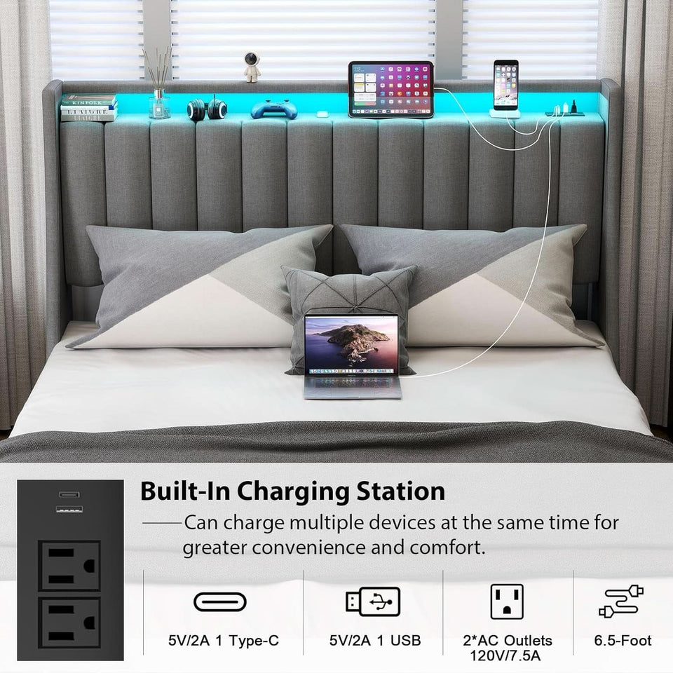 Queen Bed Frame With LED Lights And Storage Drawers