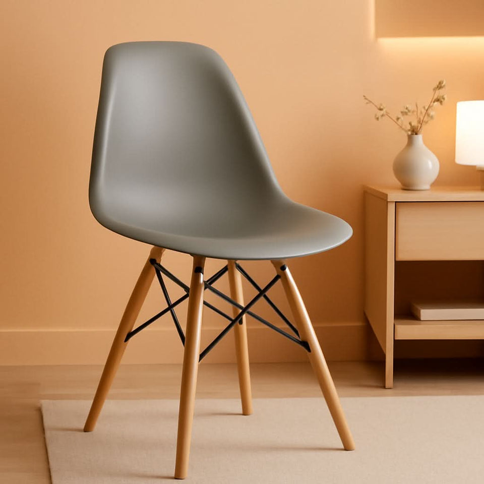 Moss Gray Plastic Chair With Wooden Legs For Dining Room