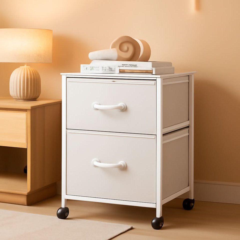 2 Drawer Fabric Vertical Filing Cabinet With Rolling Printer Stand For Home Office White